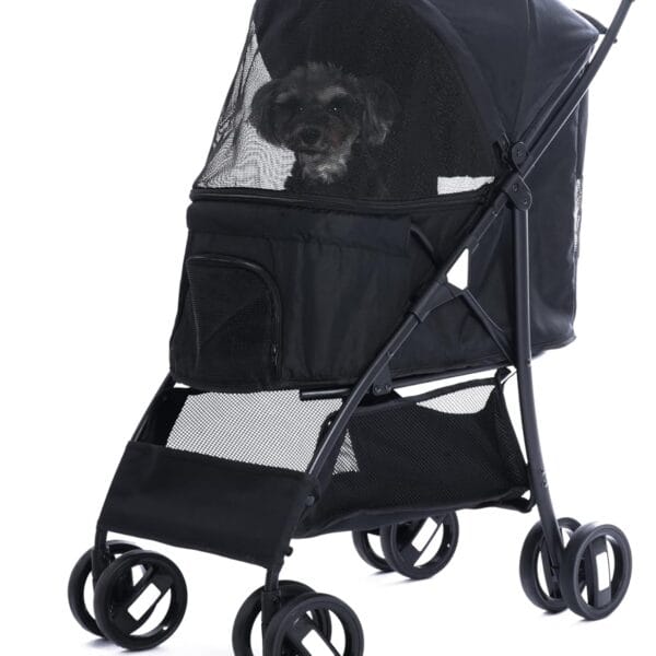 4 Wheels Pet Stroller,Easy-Foldable Dog Cat Cage Jogger Stroller with Weather Cover for All-Season,Storage Basket and Visible Mesh for Small/Medium Pets up to 33lbs (Black)