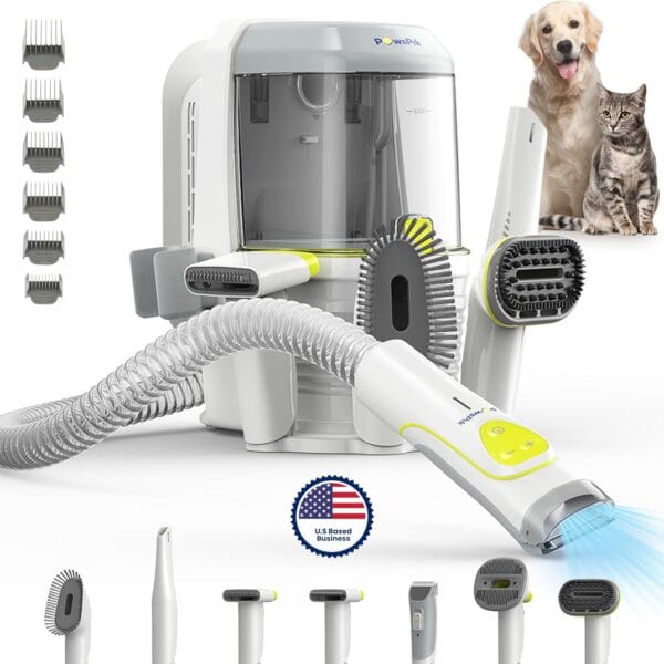 Professional Dog Grooming Vacuum Kit, Dogs & Cats, Direct Handheld Control, 7 Grooming Tools, Deshedding and Dematting for Grooming, Large 2.2L Dust Bin, UL, HEPA Filter