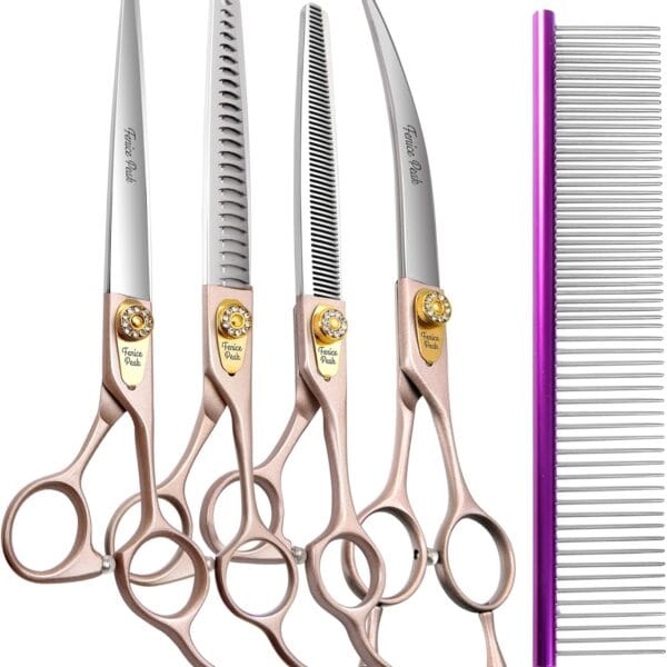Fenice Peak 7 Professional Dog Grooming Scissors Set Rose Gold 440C Stainless Steel Straight Thinning Curved Chunker Shears 4pcs Set for Pet Grooming Services Dogs and Cats