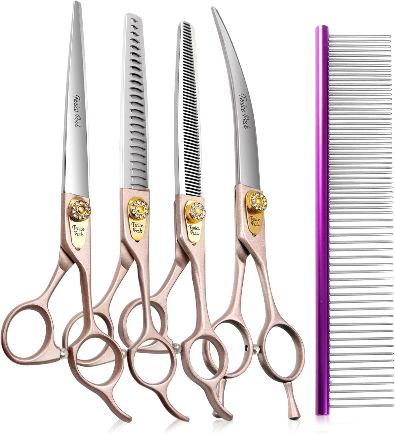 Fenice Peak 7 Professional Dog Grooming Scissors Set Rose Gold 440C Stainless Steel Straight Thinning Curved Chunker Shears 4pcs Set for Pet Grooming Services Dogs and Cats Fenice Peak 7 Professional Dog Grooming Scissors Set Rose Gold 440C Stainless Steel Straight Thinning Curved Chunker Shears 4pcs Set for Pet Grooming Services Dogs and Cats