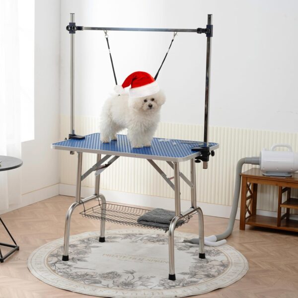 Pet Dog Grooming Table, Foldable Stainless Steel Pet Drying Grooming Table Up to 330lbs, Professional Bathing Desk for Dogs at Home with Adjustable Overhead Arms, Noose, Mesh Tray, 36''/Blue