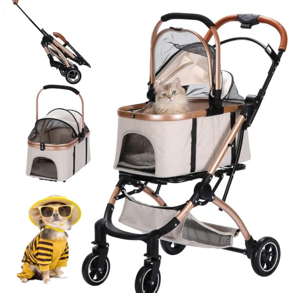 Pet Stroller, 4 Wheels Folding Stroller for Small/Medium Cats Dogs up to 35lbs, Zipperless Entry, Detachble Portable Pet Bag with Storage Basket (Beige)