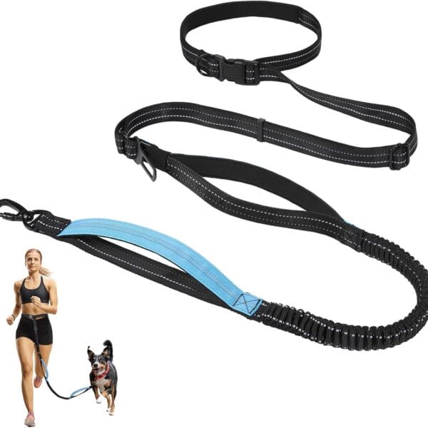 Hands Free Dog Leash, 8.2 FT Waist Leash for Walking, Jogging, Hiking, Adjustable Crossbody Belt with Double Padded Handles, Bungee Car Seatbelt Design for Small Medium Large Dogs, Black + Blue