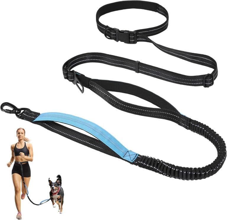 Hands Free Dog Leash, 8.2 FT Waist Leash for Walking, Jogging, Hiking, Adjustable Crossbody Belt with Double Padded Handles, Bungee Car Seatbelt Design for Small Medium Large Dogs, Black + Blue