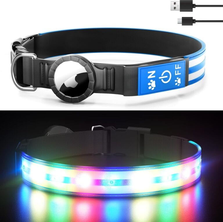 Airtag Dog Collar Light Dog Collars with AirTag Holder Rechargeable LED Glowing Dog Collar Adjustable Bright Cool Collar for Dogs in The Dark Waterproof Blue