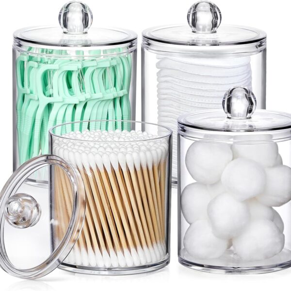 4 Pack Acrylic Qtip Holder Dispenser for Cotton Swabs, Balls, Pads, Floss Picks- Small Clear Plastic Canister Apothecary Jar Set, Bathroom Essentials Accessories Decor, Vanity Makeup Storage Organizer