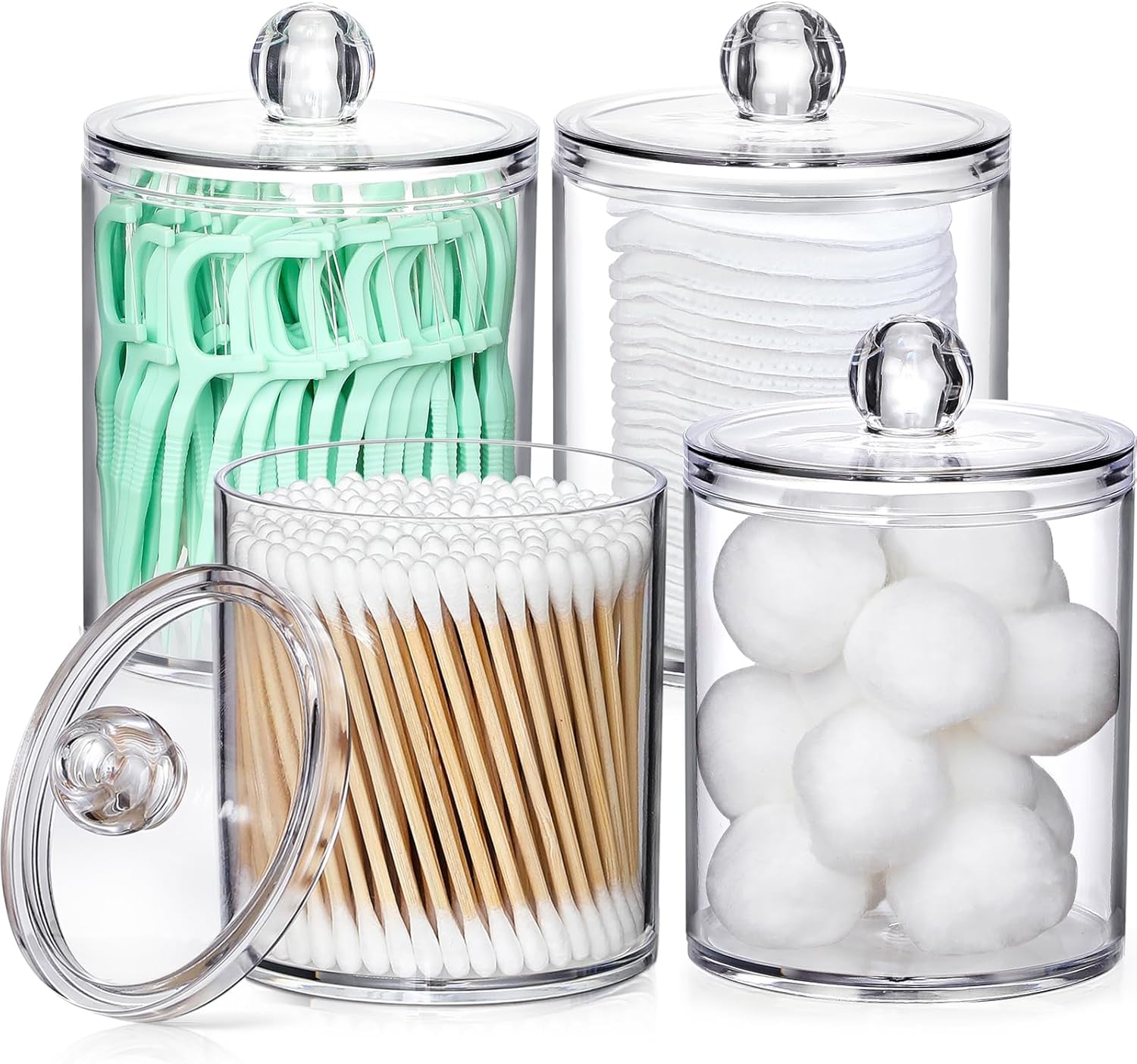 4 Pack Acrylic Qtip Holder Dispenser for Cotton Swabs, Balls, Pads, Floss Picks- Small Clear Plastic Canister Apothecary Jar Set, Bathroom Essentials Accessories Decor, Vanity Makeup Storage Organizer 4 Pack Acrylic Qtip Holder Dispenser for Cotton Swabs, Balls, Pads, Floss Picks- Small Clear Plastic Canister Apothecary Jar Set, Bathroom Essentials Accessories Decor, Vanity Makeup Storage Organizer