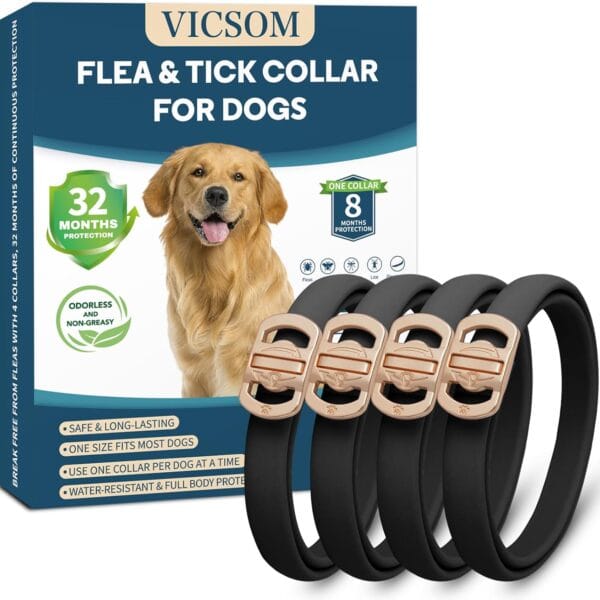Flea and Tick Collar for Dogs 4 Pack, 32 Months Prevention, Waterproof, Adjustable for Small Medium Large Dogs Puppies (Black)