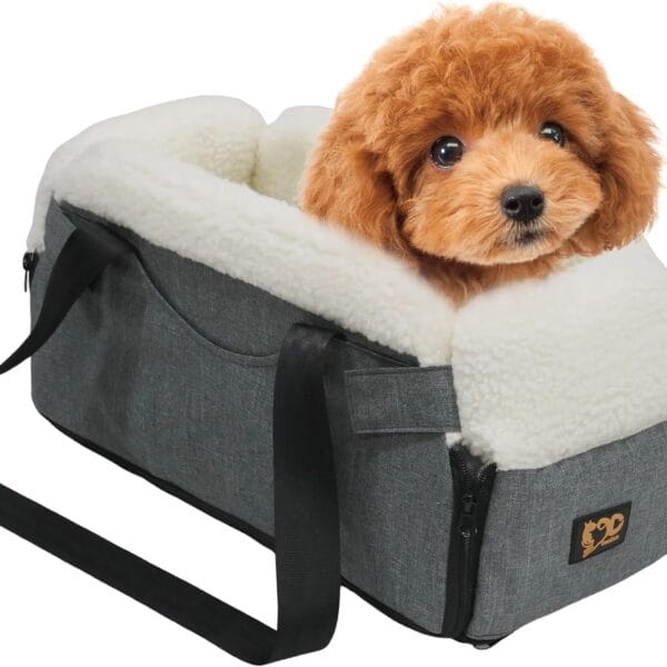 Center Console Dog Car Seat for Small Dogs, Dog Booster Seat with Upgraded Safety Tethers, Detachable Washable Pet Car Seat Travel Bed Under 25lbs(Grey)