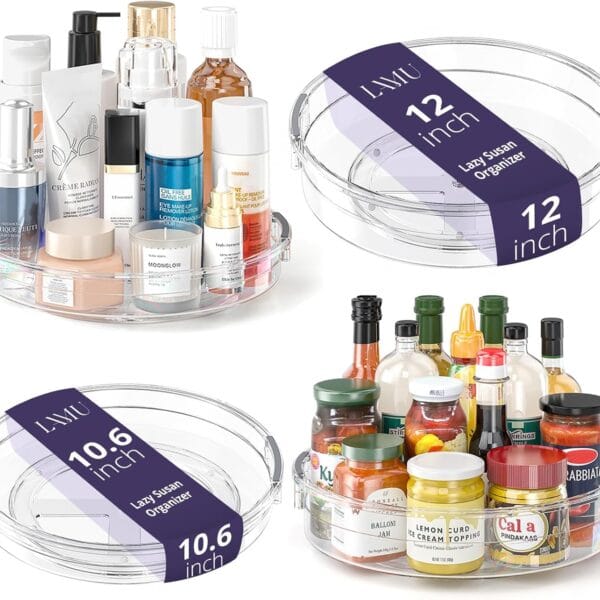 LAMU 4 Pack Lazy Susan Organizer, Clear Lazy Susan Turntable for Cabinet, Refrigerator, Table Top, Kitchen, Bathroom, Pantry Organizers and Storage, 2 Sizes Included 12in, 10.6in