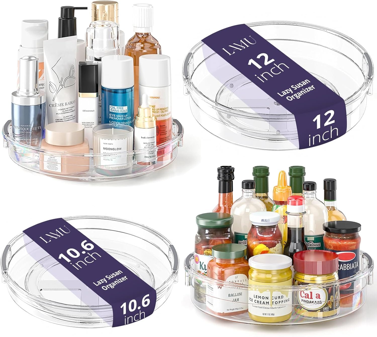 LAMU 4 Pack Lazy Susan Organizer, Clear Lazy Susan Turntable for Cabinet, Refrigerator, Table Top, Kitchen, Bathroom, Pantry Organizers and Storage, 2 Sizes Included 12in, 10.6in LAMU 4 Pack Lazy Susan Organizer, Clear Lazy Susan Turntable for Cabinet, Refrigerator, Table Top, Kitchen, Bathroom, Pantry Organizers and Storage, 2 Sizes Included 12in, 10.6in