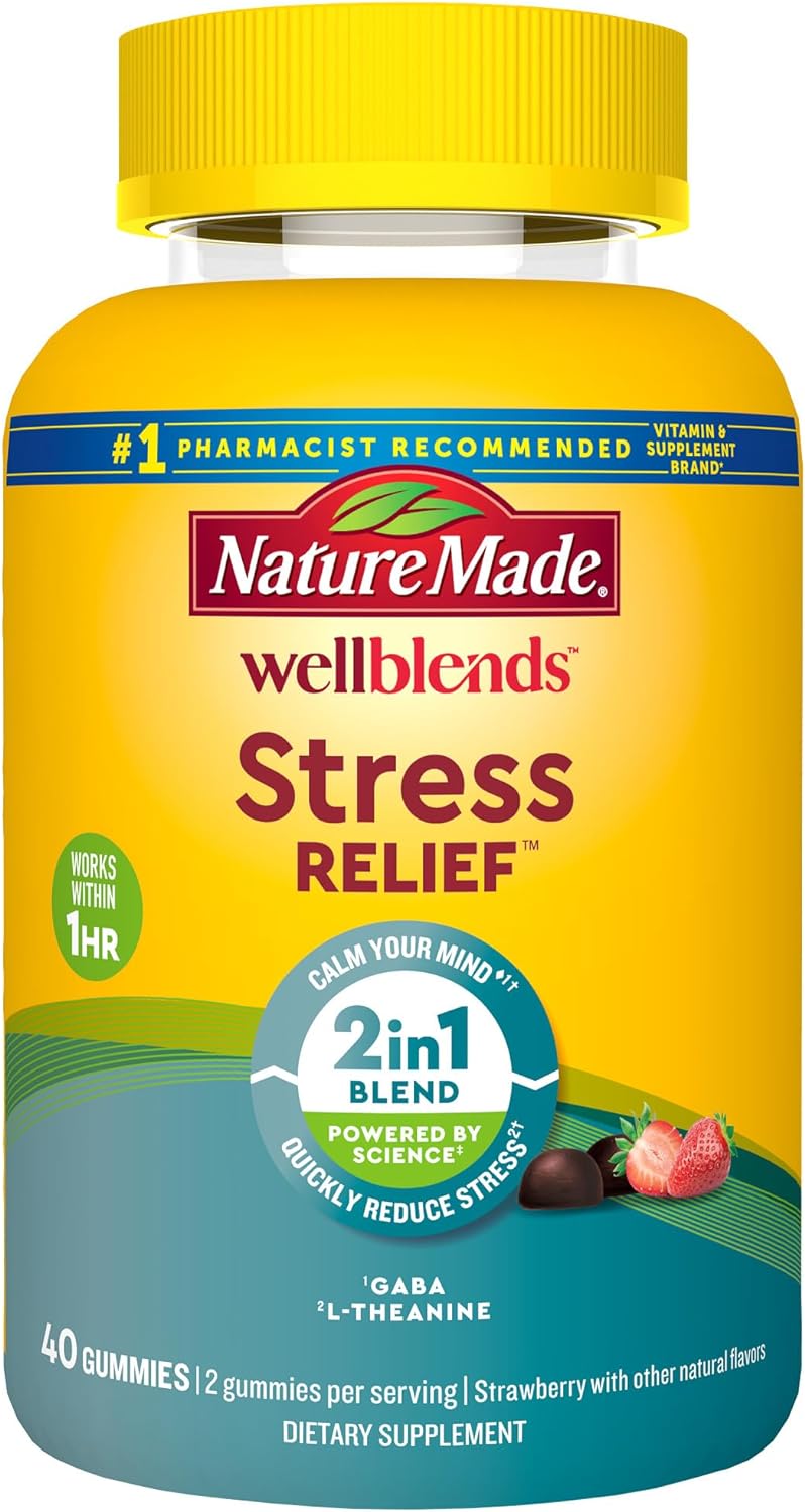 Nature Made Wellblends Stress Relief Gummies, L theanine 200mg to Help Reduce Stress, with GABA 100mg, Same Day Stress Support, 40 Strawberry Flavor Gummies Nature Made Wellblends Stress Relief Gummies, L theanine 200mg to Help Reduce Stress, with GABA 100mg, Same Day Stress Support, 40 Strawberry Flavor Gummies