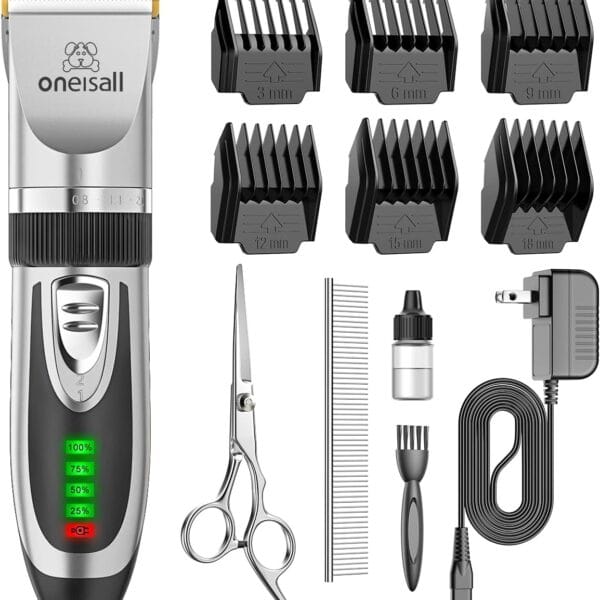 oneisall Low Noise 2-Speed Quiet Dog Grooming Kit - Rechargeable Cordless Pet Hair Clipper Trimmer Shaver for Small and Large Dogs, Cats and Animals (Silver)