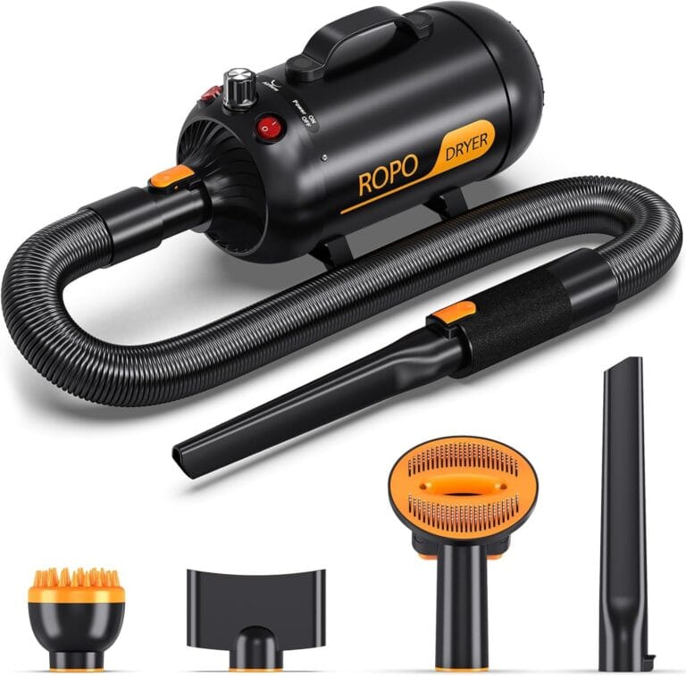 ROPO Pet Hair Dryer, High Power Dog Water Blower, Portable Low Noise Pet Grooming Hair Dryer, Adjustable Temperature and Wind Speed Dog Grooming Kit with 4 Nozzles(Black, SE02)