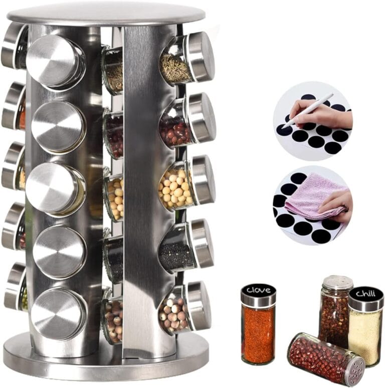 EBIZ&TECH 20-Jar Stainless Steel Rotating Spice Rack with Non-Slip Base - Kitchen Countertop Organizer for Easy Access and Storage of Spice (Sliver)