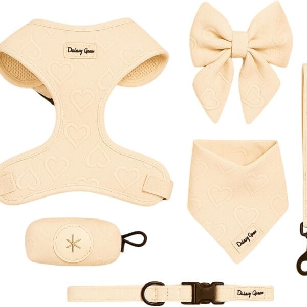 Medium Dog Harness Set Cute No Pull, All Weather, Breathable Harness and Leash Set with Collar, Bandana, Sailor Bow & Poop Bag Holder Adjustable, Soft & Stylish - Cream Hearts on Jacquard Fabric