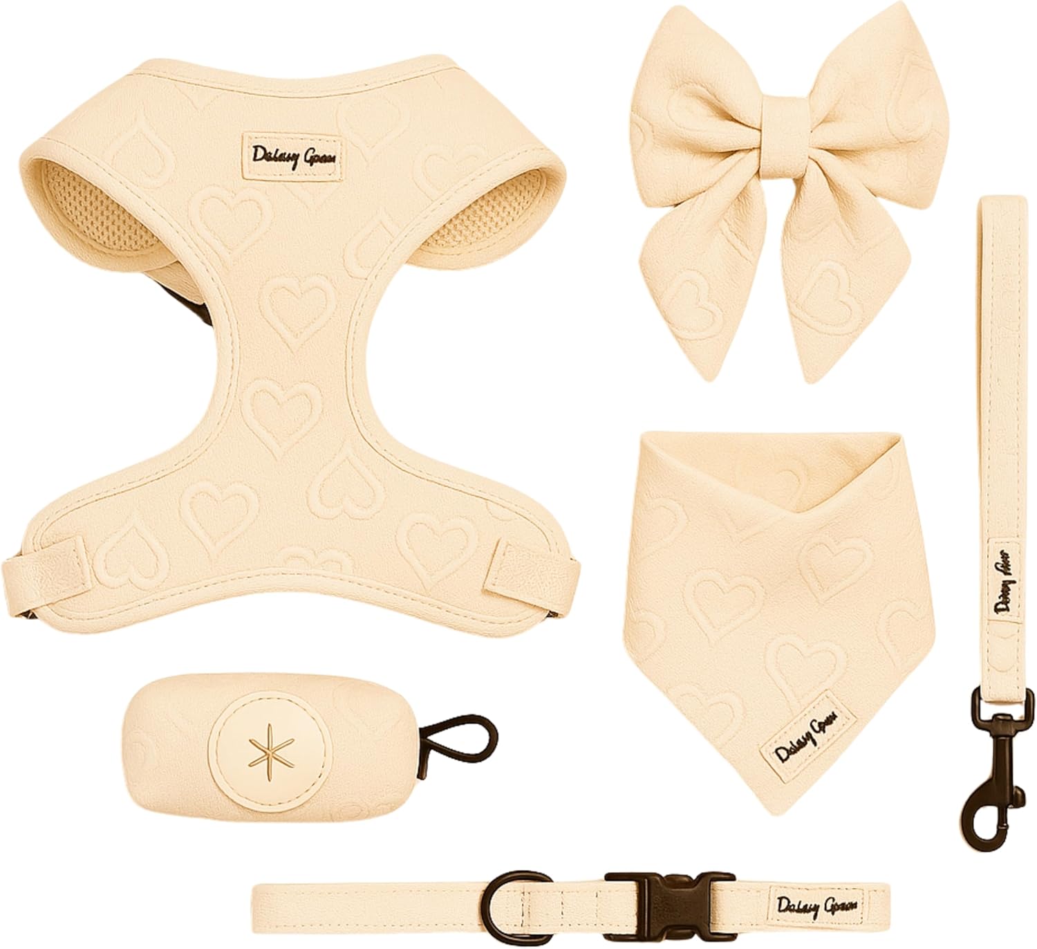 Medium Dog Harness Set Cute No Pull, All Weather, Breathable Harness and Leash Set with Collar, Bandana, Sailor Bow & Poop Bag Holder Adjustable, Soft & Stylish - Cream Hearts on Jacquard Fabric Medium Dog Harness Set Cute No Pull, All Weather, Breathable Harness and Leash Set with Collar, Bandana, Sailor Bow & Poop Bag Holder Adjustable, Soft & Stylish - Cream Hearts on Jacquard Fabric