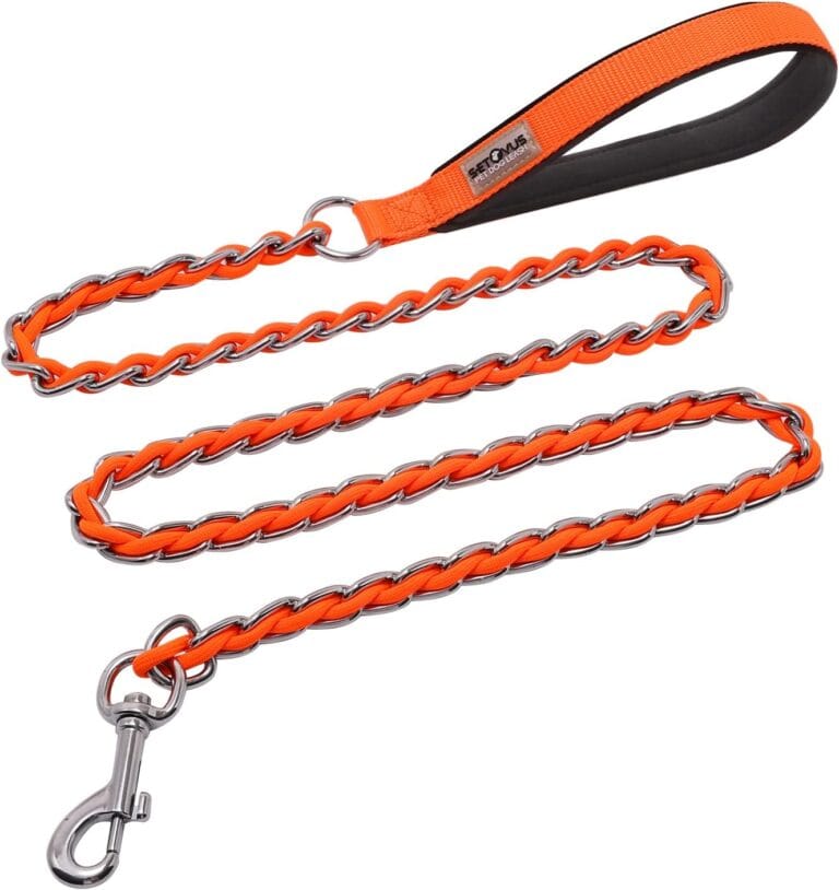 Chew Proof Metal Dog Leash for Medium Large Dogs, Chain Link Anti Chew 4FT Strong Anti Bite Dog Leash Comfortable Soft Padded Handle Orange