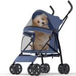 Pet Stroller with 4 Wheels for Small/Medium Pets, Portable Travel Foldable Carrier Jogger for Dog Cat Puppy Kitty, Rear Wheel Breaks, Storage Basket, Visible Mesh Weather Cover (Navy Blue)