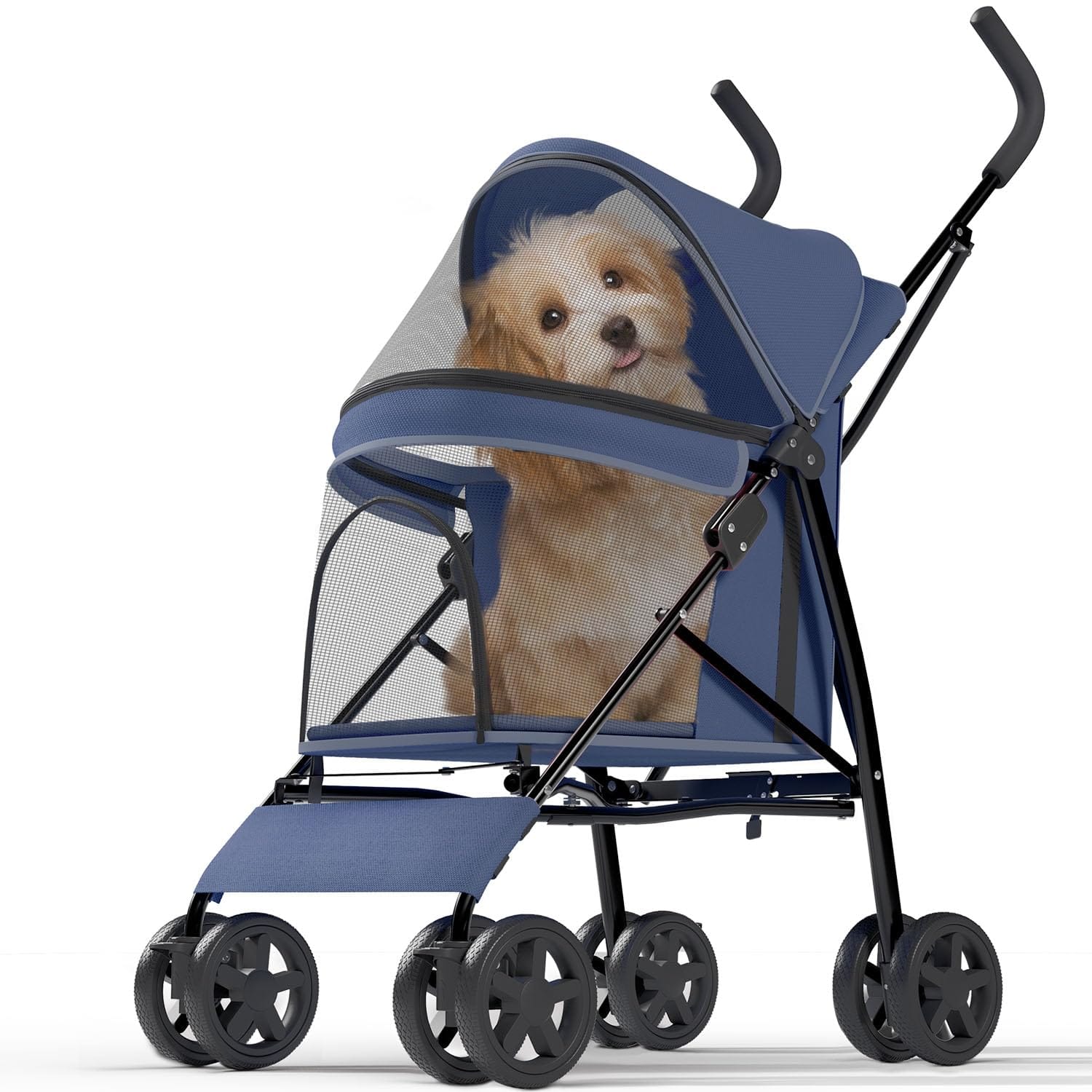 Pet Stroller with 4 Wheels for Small/Medium Pets, Portable Travel Foldable Carrier Jogger for Dog Cat Puppy Kitty, Rear Wheel Breaks, Storage Basket, Visible Mesh Weather Cover (Navy Blue) Pet Stroller with 4 Wheels for Small/Medium Pets, Portable Travel Foldable Carrier Jogger for Dog Cat Puppy Kitty, Rear Wheel Breaks, Storage Basket, Visible Mesh Weather Cover (Navy Blue)
