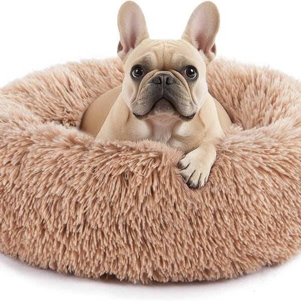 Sweetcrispy Calming Donut Dog & Cat Bed, Machine Washable Cuddle Warming Cozy Fluffy Faux Fur Plush Round Anti-Anxiety Waterproof Anti-Slip Pet Sleeping Sofa for Small Medium animals, Brown, 20 inches