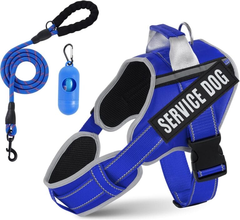 Neck Padded Dog Vest Harness and Leash Set, No Pull Adjustable Service Pet Harness with 8 Dog Patches, Reflective in Training Easy Control Pet Vest with 5ft Dog Leash for Medium & Large Dogs