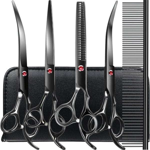 Professional Dog Grooming Scissors Kit Black 6 in 1, Dog Shears for Grooming 6CR Premium Stainless Steel Grooming Scissors Kit for Dogs Cat Pet