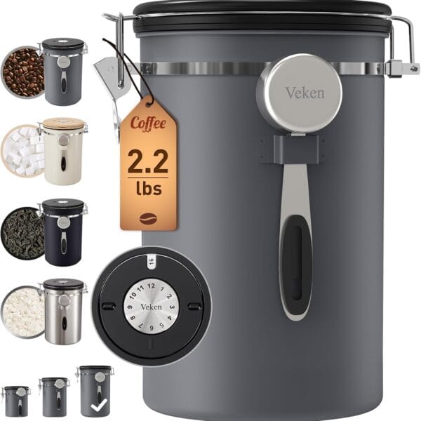 Veken Coffee Canister, 39OZ Large, Airtight Stainless Steel Food Storage Container for 2.2lbs Coffee Beans, Ground, Sugar, Tea, Flour, Cereal, Kitchen Bar Accessories with Date Tracker & Scoop, Gray