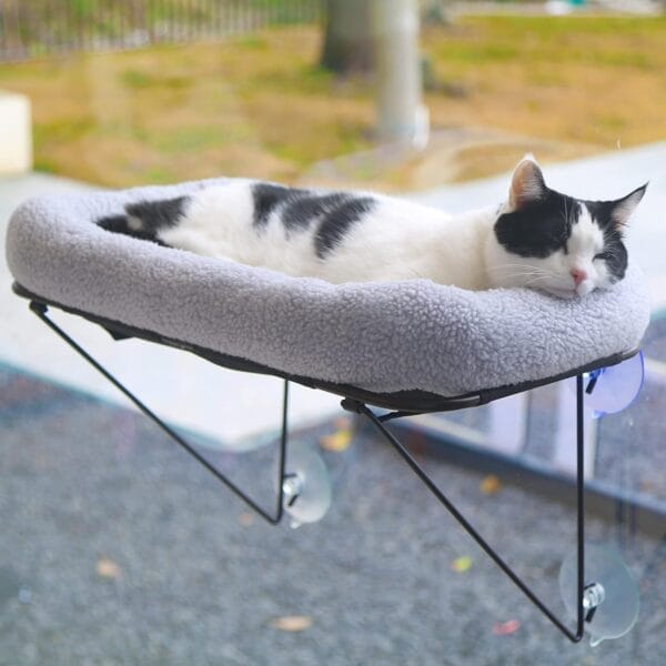 Zakkart Cat Window Perch - 100% Metal Supported from Below - Comes with Warm Spacious Pet Bed - Cat Window Hammock for Large Cats & Kittens - for Sunbathing, Napping & Overlooking (Grey)