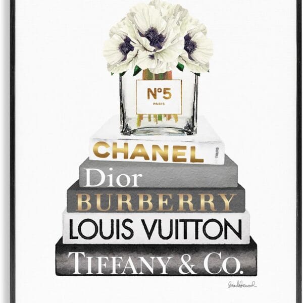 Stupell Industries Blooming White Floral Display on Glam Designer Bookstack Wall Art, 11 x 14, Black Framed