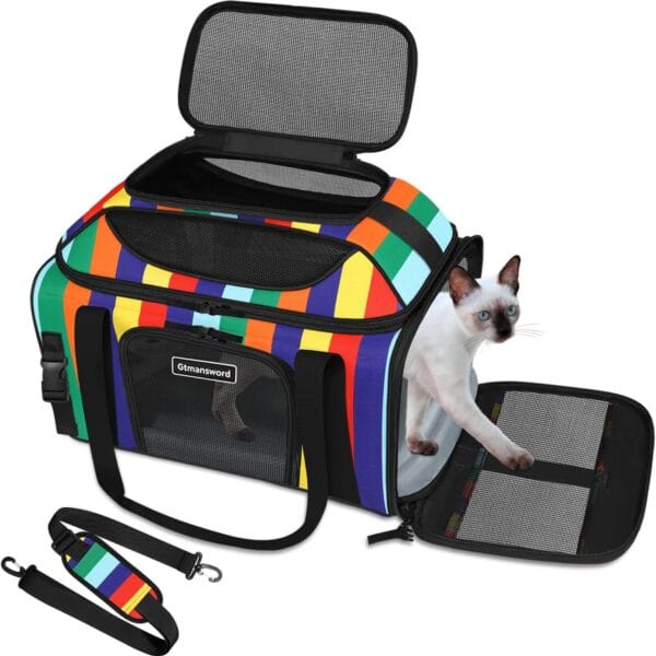 17x11x9.5 Inches Top-Expandable Pet Carrier Alaska Airline Approved, Soft Sided Carrier for Small Dog, Cat with 5-Sides Mesh Windows and Locking Safety Zippers(Rainbow)