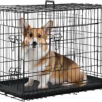 PayLessHere Medium Dog Crate Kennel 30 inches Metal Dog Cage Double-Door Folding Travel Indoor Outdoor Puppy Playpen with Divider and Handle Plastic Tray,Black