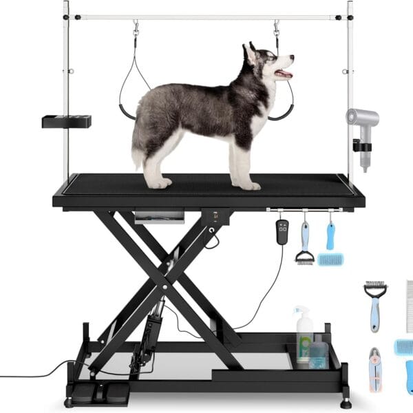 Electric Lift Dog Grooming Table, Upgrade 50 Inch Heavy Duty Professional Pet Grooming Table with Tool Organizer for Large Dogs at Home with Adjustable Overhead Arms and 2 Grooming Noose, Black