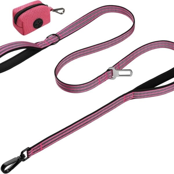 WINGOIN Heavy Duty Dog Leash for Large Medium Small Dogs, Reflective Tactical Dog Training Leash with Double Handles, Poop Bag Holder, Safety Buckle, 6FT Long Lead for Dogs Walking, Running, Pink