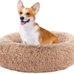 DUMOS 24x24 Inch Calming Donut Dog Beds for Medium Dogs, Machine Washable Cuddler Warming Cozy Fluffy Faux Fur Plush Round Pet Bed, Anti-Slip Bed for Indoor Dogs and Cats, Brown