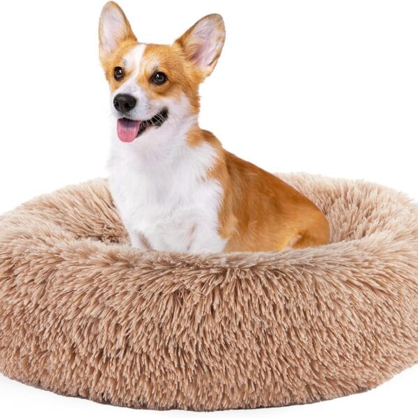 DUMOS 24x24 Inch Calming Donut Dog Beds for Medium Dogs, Machine Washable Cuddler Warming Cozy Fluffy Faux Fur Plush Round Pet Bed, Anti-Slip Bed for Indoor Dogs and Cats, Brown