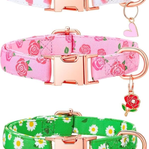 3 Pack Floral Dog Collars for Small Dogs Pink Dog Collar with Flower Pendant for Girl Female Dogs Adjustable Puppy Collars Pet Collar (9-14.5 inch)