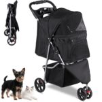 Foldable Pet Stroller for Cats and Dogs 3 Wheels Carrier Strolling Cart with Weather Cover, Storage Basket + Cup Holder (Black)