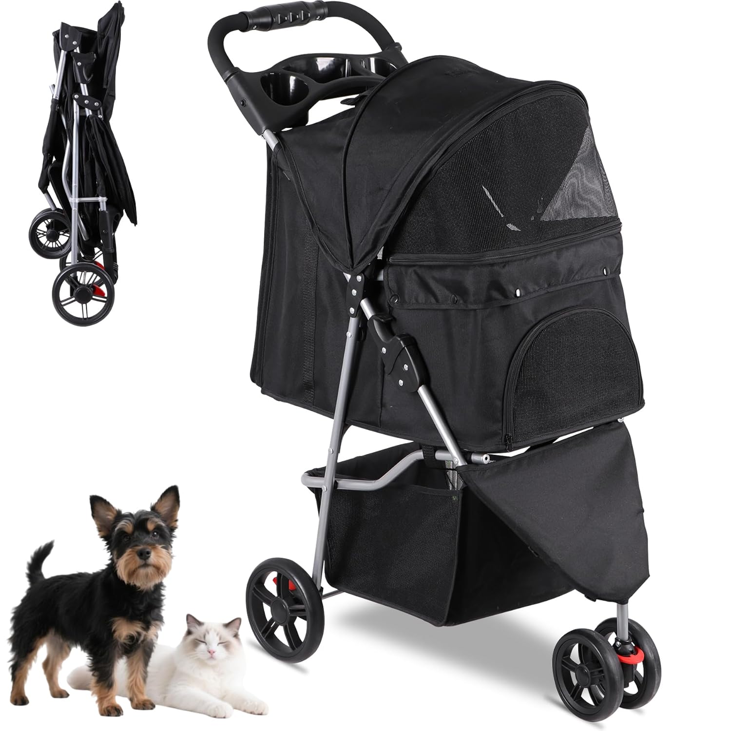 Foldable Pet Stroller for Cats and Dogs 3 Wheels Carrier Strolling Cart with Weather Cover, Storage Basket + Cup Holder (Black) Foldable Pet Stroller for Cats and Dogs 3 Wheels Carrier Strolling Cart with Weather Cover, Storage Basket + Cup Holder (Black)