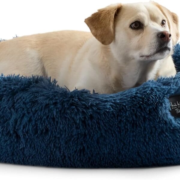 Nicole Miller New York PET Ellie Fuzzy Solid Donut Pet Bed, Plush, Cozy & Calming, Non-Slip Bottom, 100% Machine Washable, Blue, Small 24"x24"x7" Round
