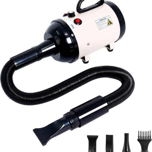 Dog Hair Dryer High Velocity Professional Dog Blow Dryer with Adjustable Speed Dog Pet Grooming Dryer Blower with 4 Nozzle 2 Blow TemperatureWhite