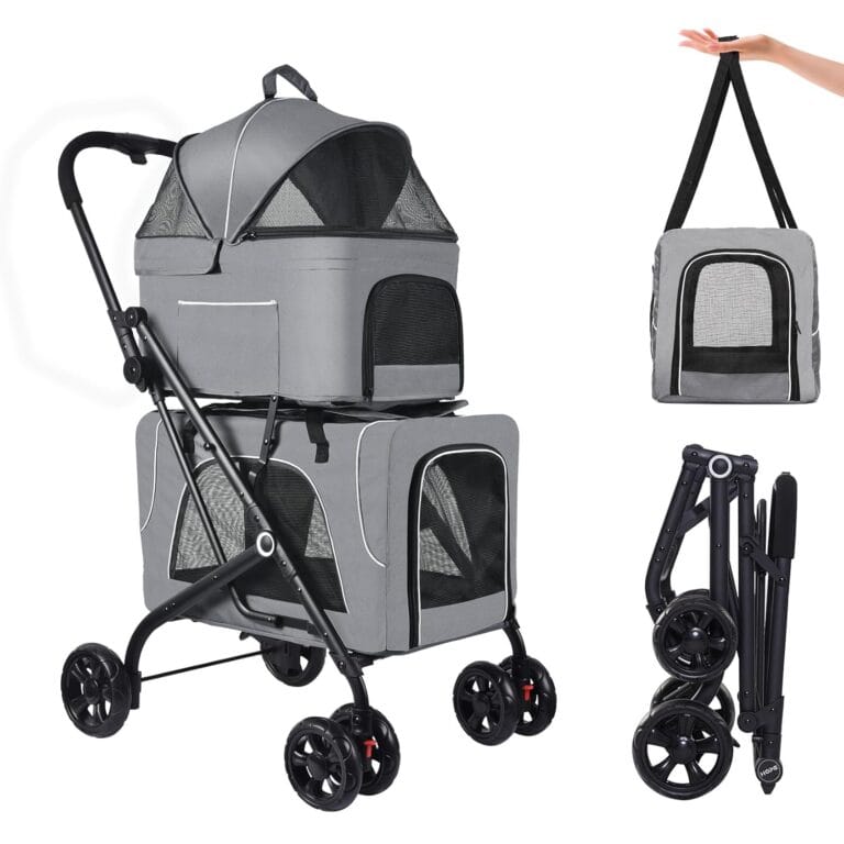Petmolico Double Pet Stroller for 2 Cats/Dogs Strollers,2 Detachable Cat Carrier,No-Zip Double Pet Travel Storller for Small/Medium Dogs(Grey&Black)