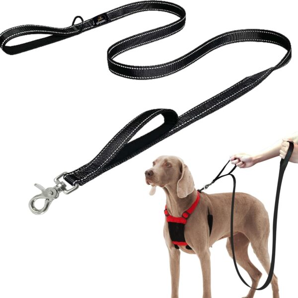 Sporn Dual Handle Padded Dog Training Leash, 6ft Long Dog Leash Heavy Duty for Maximum Control, 360-Degree Swivel with Reflective Strap for High Visibility in Low Light Condition, Black