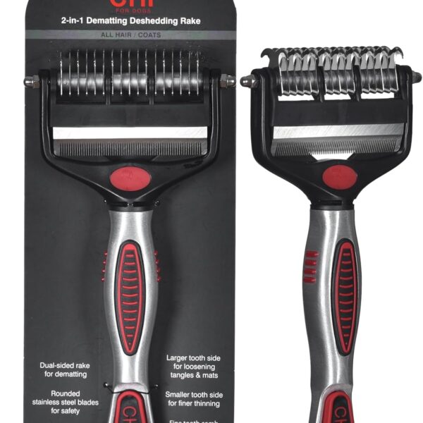 CHI for Dogs 2-in-1 Dematting and Deshedding Rake - Dual-Head Grooming Tool for Mats and Knots - Flip-Out Fine Rake for Smoothing Coats - Large Blade for Thick Fur - Dog Detangler Comb