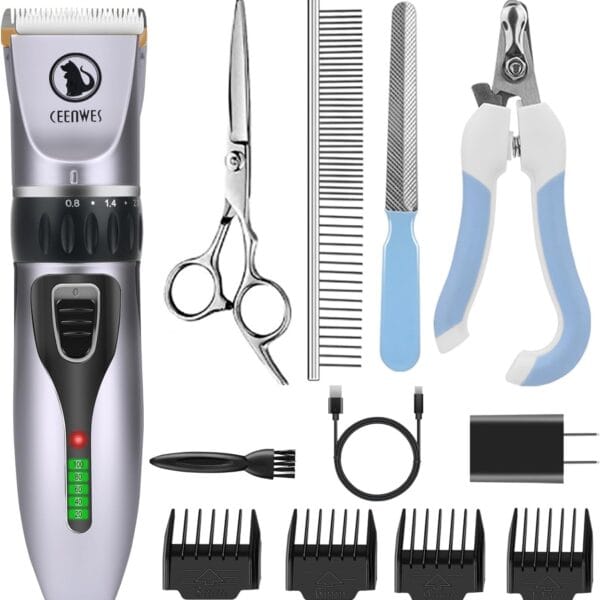 Dog Clippers Cordless Dog Grooming Kit Professional Horse Clippers with 4 Comb Guides, Low Noise Pet Clippers Rechargeable Pet Grooming Tools for Small Large Dogs Cats Horse Pets
