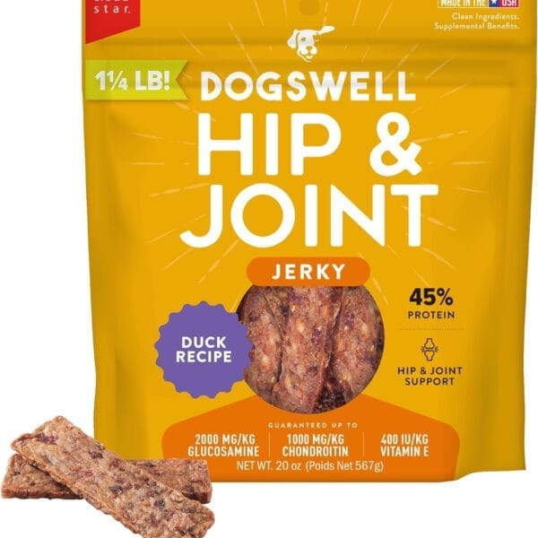Dogswell Jerky Hip and Joint Dog Treats Grain Free Made in USA Only, Glucosamine and Chondroitin, 20 oz Duck