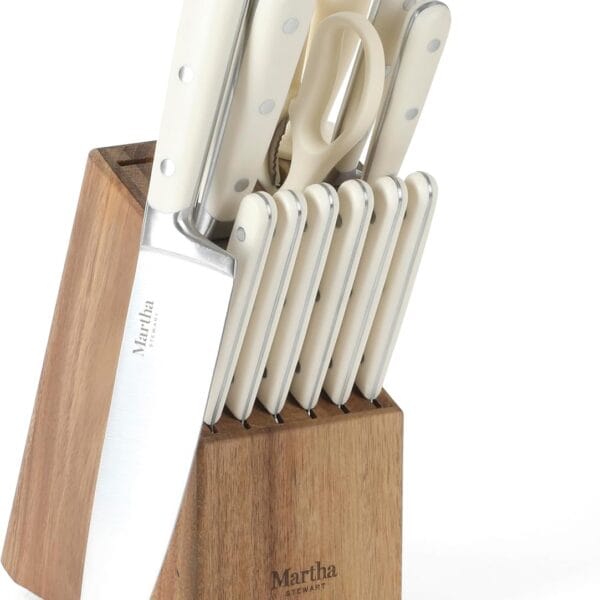 MARTHA STEWART Eastwalk 14 Piece High Carbon Stainless Steel Cutlery Kitchen Knife Block Set w/ABS Triple Riveted Forged Handle Acacia Wood Block - Linen White