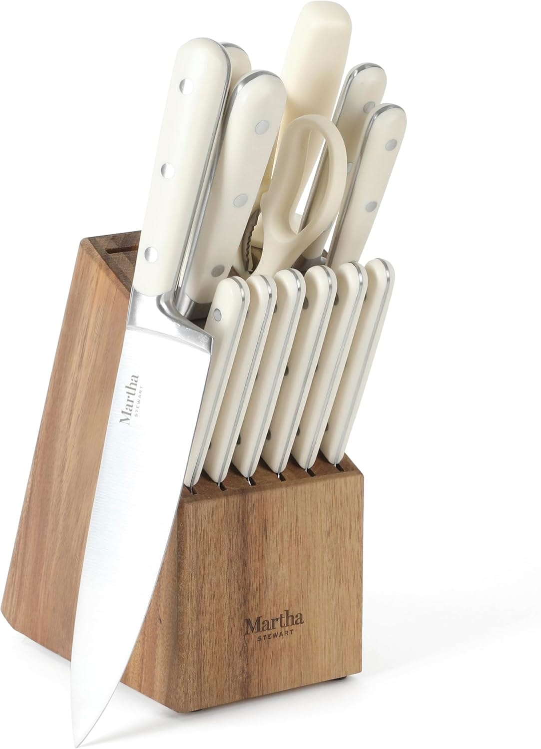 MARTHA STEWART Eastwalk 14 Piece High Carbon Stainless Steel Cutlery Kitchen Knife Block Set w/ABS Triple Riveted Forged Handle Acacia Wood Block - Linen White MARTHA STEWART Eastwalk 14 Piece High Carbon Stainless Steel Cutlery Kitchen Knife Block Set w/ABS Triple Riveted Forged Handle Acacia Wood Block - Linen White