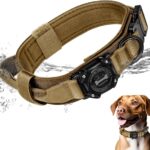 Dog Collar with Airtag Holder, Airtag Dog Collar IP68 Waterproof with Control Handle and Metal Buckle, Military Tactical Air Tag Dog Collar Holder for Medium Large Dogs(Brown, M)