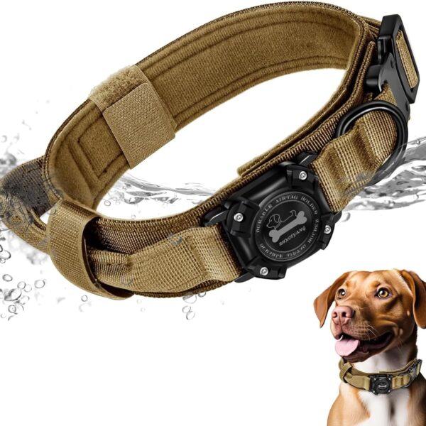 Dog Collar with Airtag Holder, Airtag Dog Collar IP68 Waterproof with Control Handle and Metal Buckle, Military Tactical Air Tag Dog Collar Holder for Medium Large Dogs(Brown, M)